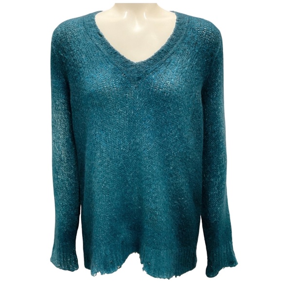 AVANT TOI TEAL DISTRESSED KNIT PULLOVER SWEATER - Picture 1 of 4